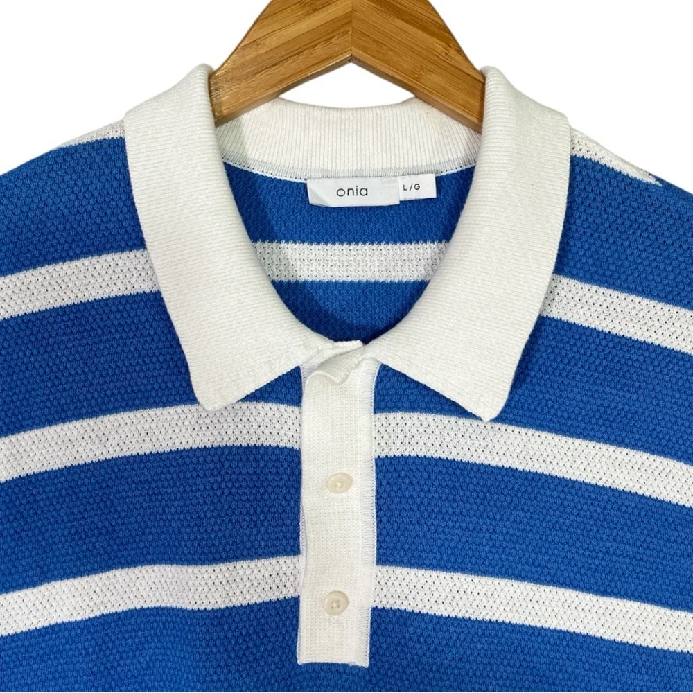 Onia Mens Blue and White Striped Perforated Knit Polo Size Large Short Sleeve - Picture 3 of 5